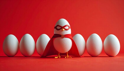 A unique white egg dressed as a superhero with a red cape and mask stands out from a row of identical eggs, symbolizing individuality and leadership on a vibrant red background