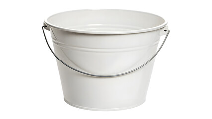 An empty plastic bucket with a metal handle is a clean new container object for housework or gardening isolated on a white background