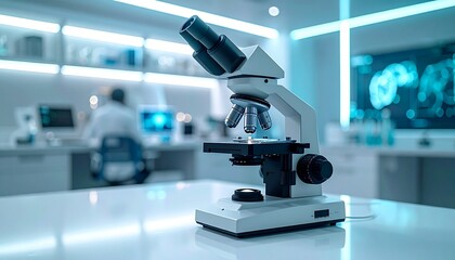 Microscope in a modern laboratory setting with scientists working in the background, research and development
