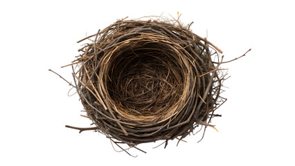 An empty brown bird nest made of natural straw and twigs isolated on a white background