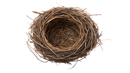 An empty brown bird nest made of natural straw and twigs isolated on a white background