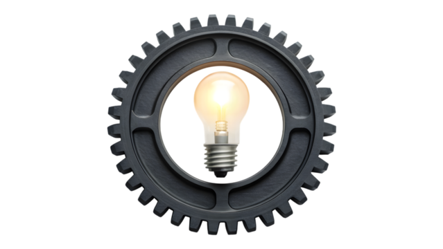 thoughtful Isolated bright glass light bulb with gear on white background representing a creative innovation concept - Powered by Adobe