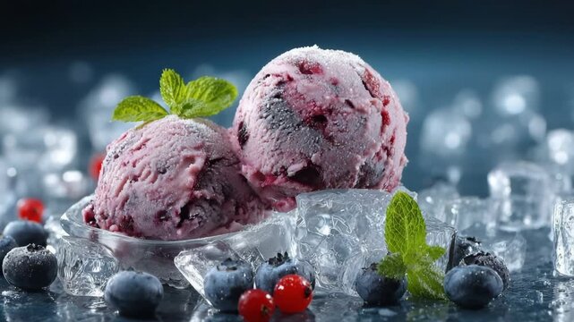 Two scoops of berry ice cream in a glass bowl surrounded by ice cubes, fresh blueberries, and red currants, creating a refreshing dessert scene with vibrant colors