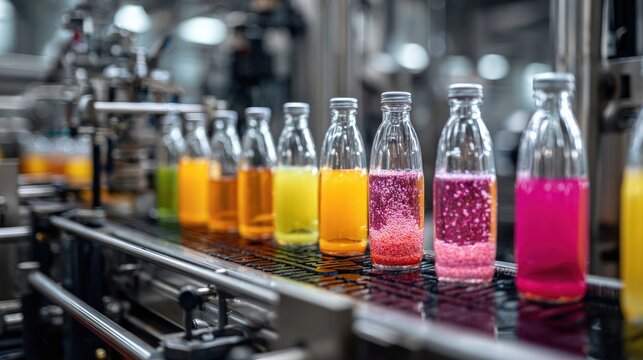 Bottled drinks on production line food and beverage manufacturing process