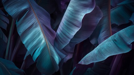 Lush tropical foliage in moody blue tones. AI generated