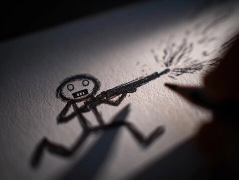 Funny stick figure with machine gun, pencil sketch cartoon