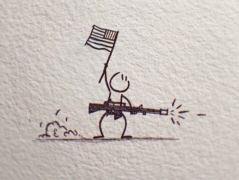 Cartoon stick figure with machine gun and American flag, pencil sketch