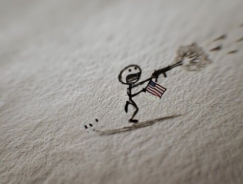 Cartoon stick figure with machine gun and American flag, pencil sketch