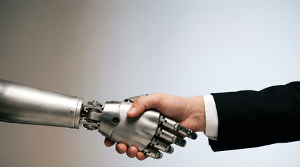 A close up view displays a metallic robotic arm extending towards a human hand in a firm handshake high quality professional