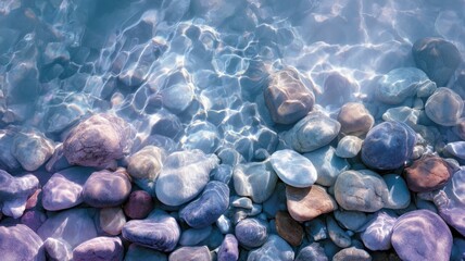 Pebbles underwater with purple-blue reflection. AI generated