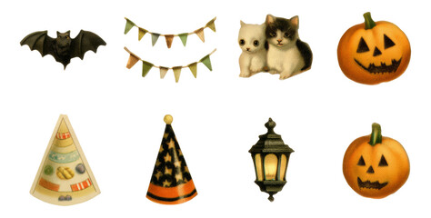 Vintage Halloween Party Decorations with Cats, Bats, and Pumpkins on Transparent Background