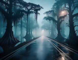a foggy highway in a swampy area with cypress trees and eerie vibes