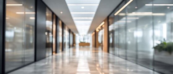 Modern interior corridor with glass walls and reflective floors architectural design