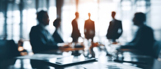 Blurred business meeting with people in a conference room with natural lighting