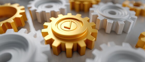 Close up of golden gear with checkmark symbol among other gears background