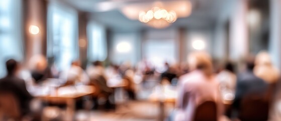 Blurred view of people at a business meeting or social event indoors