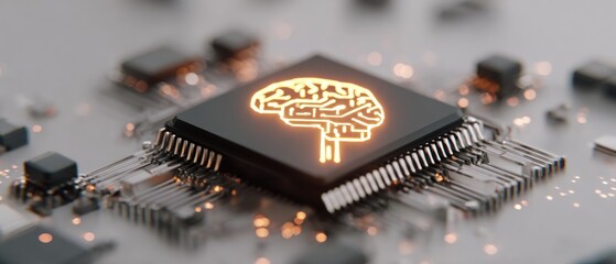 Artificial intelligence concept with glowing brain on circuit board close up