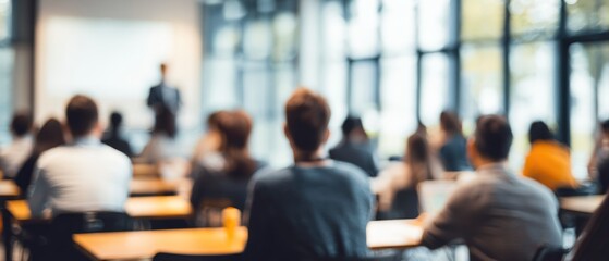 Blurred view of people attending a presentation or workshop indoors in a classroom