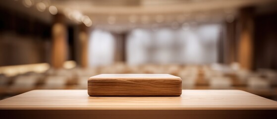 Wooden platform or stage against a blurred background in a conference room