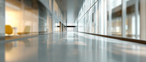 Modern architectural interior perspective with glass walls and reflective floors