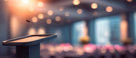 Podium and microphone in conference hall with blurred background copy space