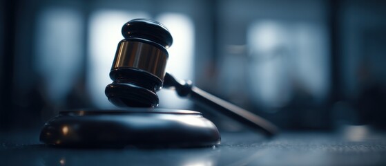 Wooden gavel on a sound block with blurred background representing justice