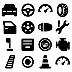 Car Parts Icons: A collection of simple, yet bold, black icons representing various essential components of a car, perfect for design and information.