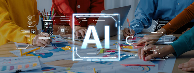 A futuristic user interface for business intelligence. This advanced AI dashboard displays complex data analysis, charts, and graphs for strategic corporate insights. Fermion