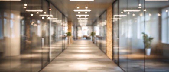 Modern office interior corridor with glass walls and overhead lighting