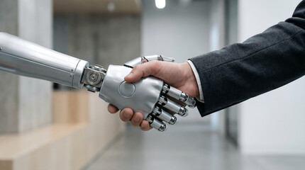 a close up view of a human hand shaking a robotic hand symbolizing the collaboration between humans and ai high quality