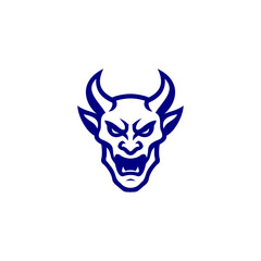 Aggressive demon head logo in bold blue outline vector style, isolated on white background