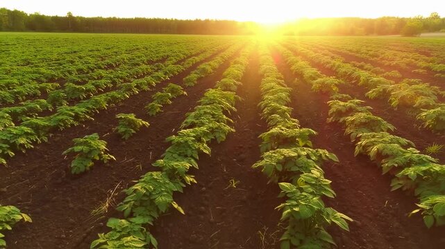 The sun rises over the expansive field, illuminating the rows of flourishing potato plants. This vibrant field, filled with life, showcases the beauty of agriculture at dawn.
