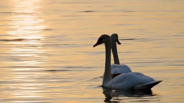 Two elegant swans glide gracefully across the shimmering water, their soft silhouettes contrasted by the golden sunset. The swans create a serene scene that highlights nature's beauty.