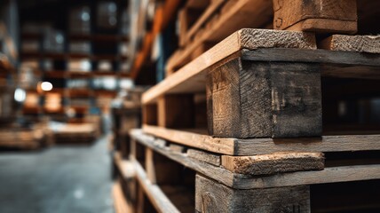 Stacked wooden pallets in industrial warehouse. AI generated