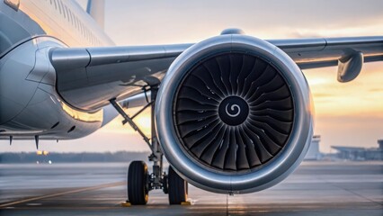 Safe Flight Close-up of a jet engine with a sunset backdrop, highlighting engineering and aviation technology.