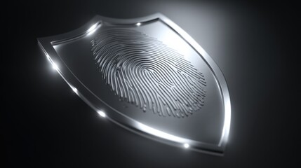Security shield with fingerprint biometric authentication for cyber protection and digital identity verification. Technology concept for data privacy and secure online access control.