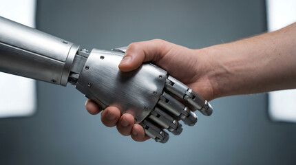 A powerful image showing a human hand firmly shaking hands with a metallic robotic arm representing collaboration and future technology