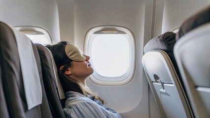Fototapeta premium Safe Flight A passenger wearing a sleep mask rests against an airplane window, enjoying a moment of tranquility.
