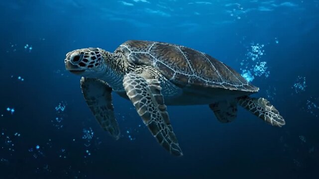 A realistic underwater depiction of a swimming sea turtle amidst dark blue ocean water
