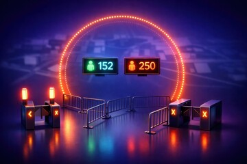 Digital entry system showcasing occupancy indicators with green and red light displays, dynamic barriers, and reflective surfaces in an urban context, emphasizing advanced technology