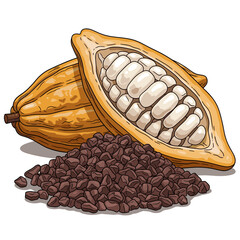 Cocoa Pods, Raw Beans, and Chocolate Chips Vector Illustration