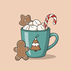 Festive Hot Chocolate Mug with Marshmallows, Gingerbread Cookies & Candy Cane Illustration