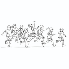 Continuous line drawing of a group of diverse children running and playing cheerfully