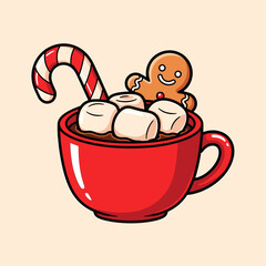 Festive Hot Chocolate Mug with Marshmallows, Candy Cane, and Gingerbread Man. Cozy Winter Drink Illustration.