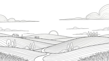 Obraz premium Rolling Hills Landscape with a Winding Path and Distant Farmhouse.