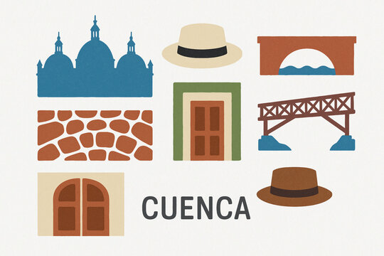 Cuenca City Icon Set with Blue-Domed Cathedral, Cobblestone Streets, Traditional Hats, Bridges and Colonial Doors in Vector