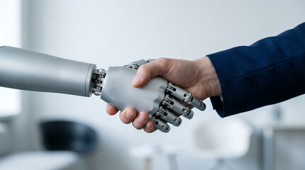 A symbolic representation of human and artificial intelligence collaboration showcasing a robotic hand firmly grasping a human hand in a