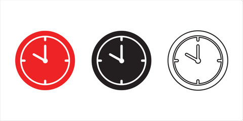 Timeless Precision: A set of three clock icons, each representing different design aesthetics. A minimalist design in red, solid black, and outlined black on a clean background.