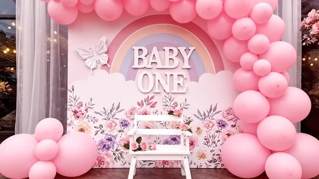 A festive baby's first birthday celebration featuring balloons, flowers, and a celebratory backdrop