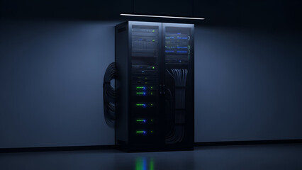 Data center server rack with multiple patch cables illuminated in the darkness for network